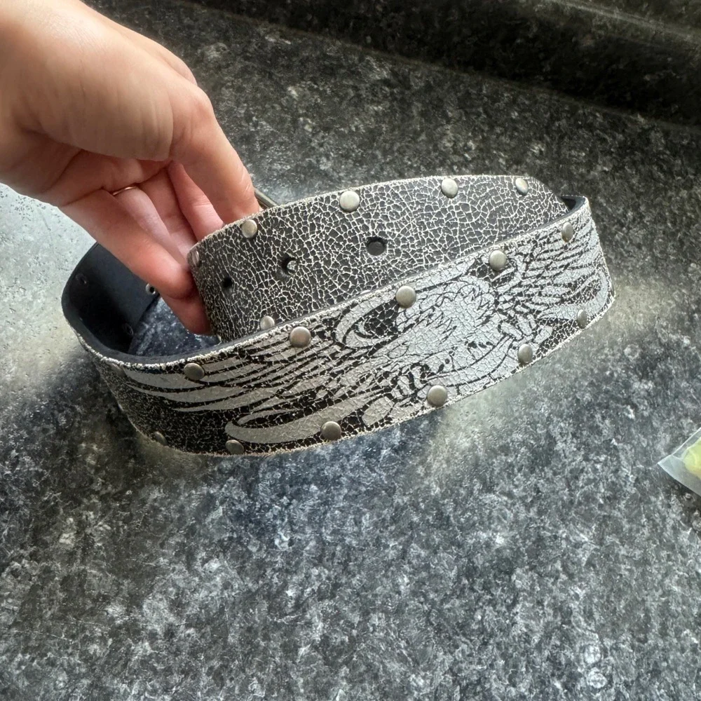 Genuine Leather Black Cracked Silver Eagle Wing Studded Belt 36